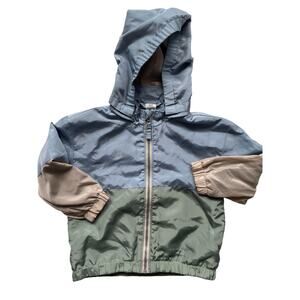 Toddler Boy's H&M Blue and Green Colorblock Full Zip Hooded Windbreaker 18 mo.
